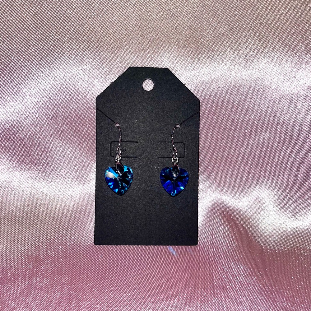 Handmade Blue Heart Austrian Crystal Drop Earrings - Sterling Silver Plate hooks